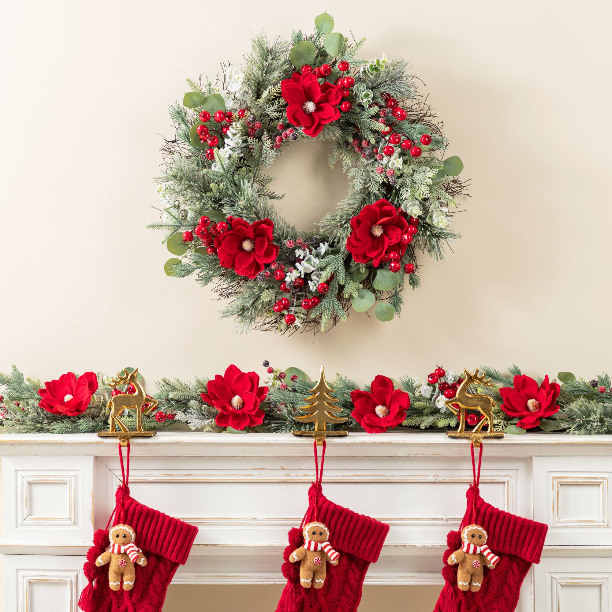 Glitzhome® 6FT Christmas Red Mangnolia & Berry Garland